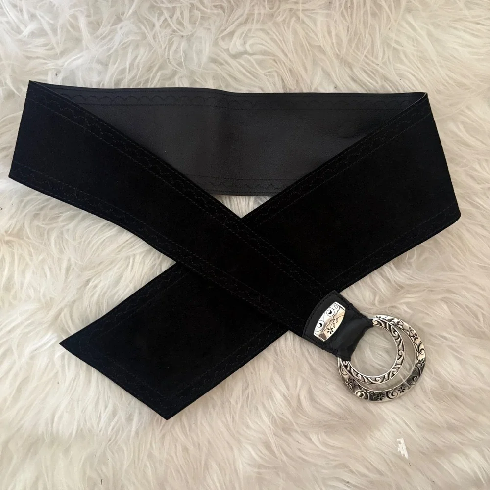Brighton Black Leather Suede Wide Waist Belt Silver Etched Buckle B30993 Size M